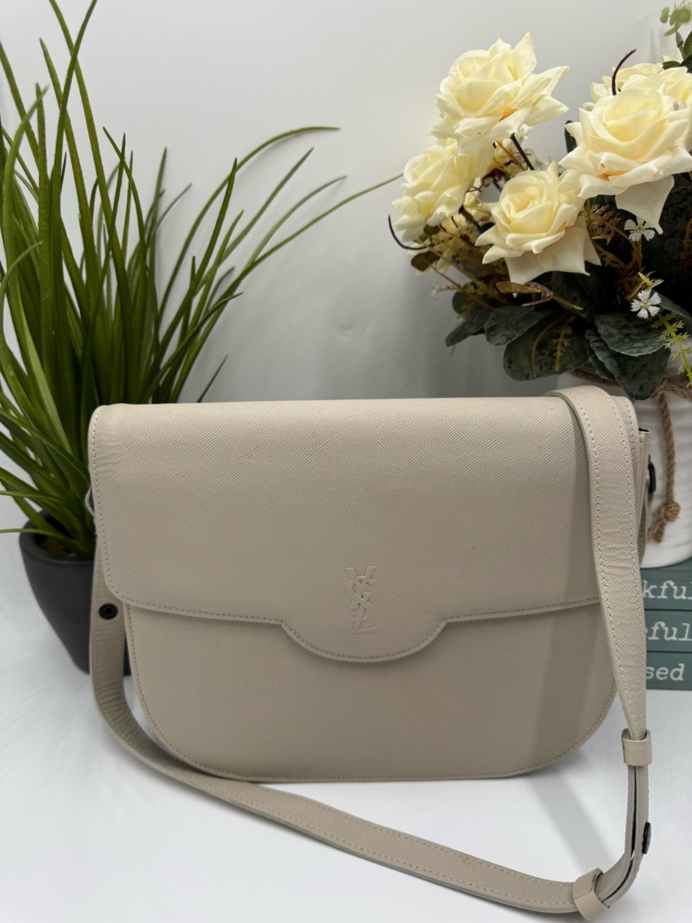 YSL Vintage Cream Saffiano Leather Crossbody Bag - Embossed Logo - Digital COA